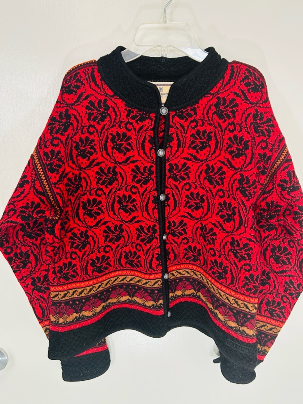 Dale of Norway Red and Black Patterned 100% Wool Cardigan, Women’s size L